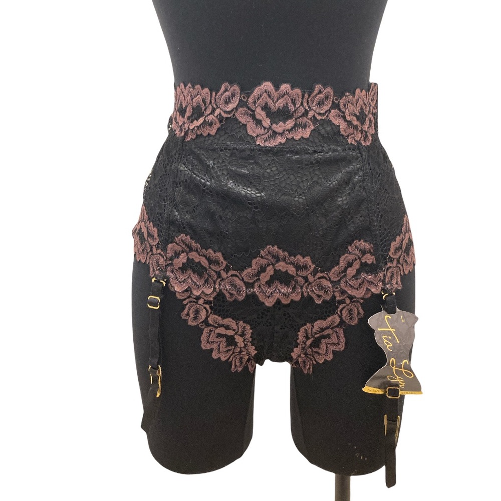 Tia Lyn Garter Bottoms - Mauve/ Black Stretch Lace - Large - NWT